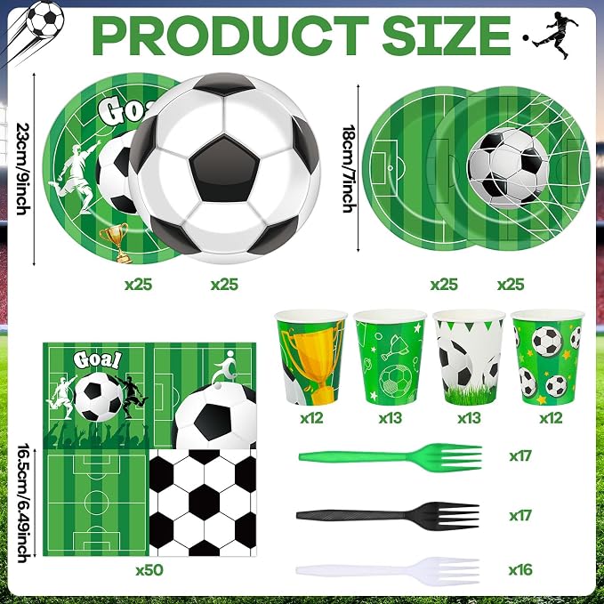250 Pcs Soccer Birthday Party Decorations Soccer Disposable Party Tableware Sets Including Plates Cups Napkins Soccers Dinnerware for 2026 World Sports Birthday Parties Decorations Supplies Serves 50