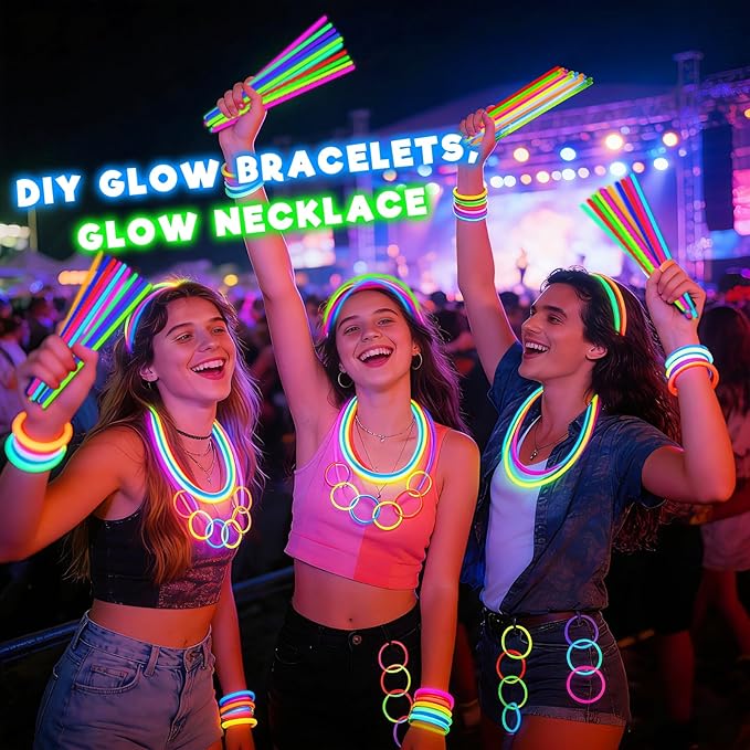 TURNMEON 500 Pack Ultra Bright Glow Sticks Bulk Glow In The Dark Party Supplies Necklace Bracelet with Connector 8" Light Up 14Hrs Long Last Party Favors Toy Birthday Wedding Pool Patriotic