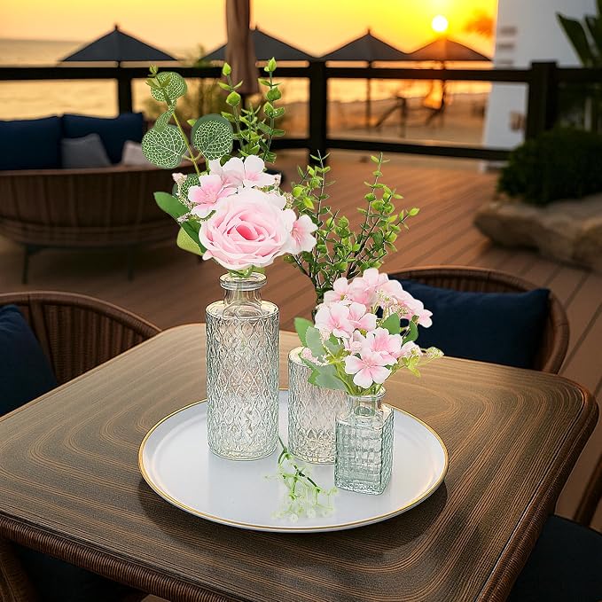 WARMALL Artificial Flowers with Vases, 16 Pcs Bud Vases, & 81 Pcs Artificial Plants DIY Set Suitable for Centerpieces Table Weddings Party Office and Indoor Decor Mini Small Glass Clear(White)