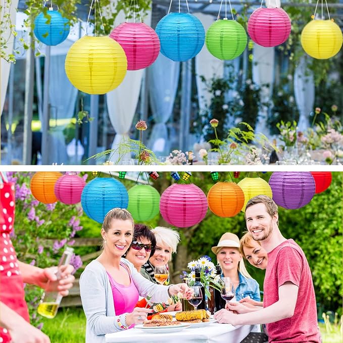 Hanging Paper Lanterns Decorative, Rainbow Colorful Chinese Paper Lanterns Ceiling Party Decorations with 14 LED Lights for Fiesta Mexican Party Baby Shower Birthday Wedding Anniversarie, Pack of 14