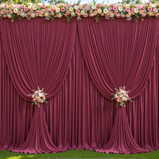 10 Panels Burgundy Backdrop Curtains for Wedding Party Wrinkle Free Backdrops Curtain Drapes Fabric Decorations Maroon Photo Back Drop for Baby Shower Photography Stage Reception 50ft(W) x 12ft(H)