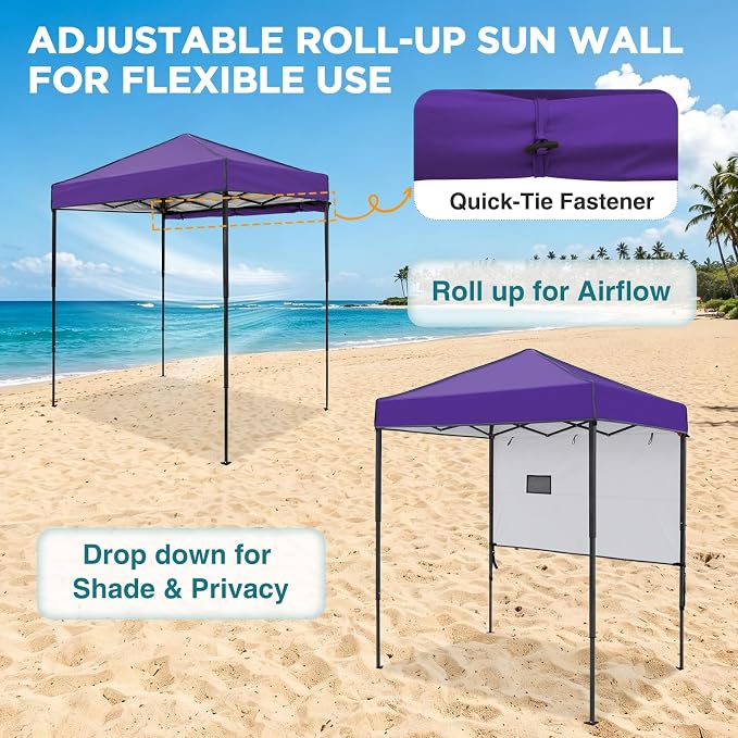 EAGLE PEAK 6x4 Instant Pop Up Canopy Tent with 1 Half Wall Panel, Straight Leg Sun Shelter, Portable Canopy with Carry Bag for Camping, Beach & Sports, Purple