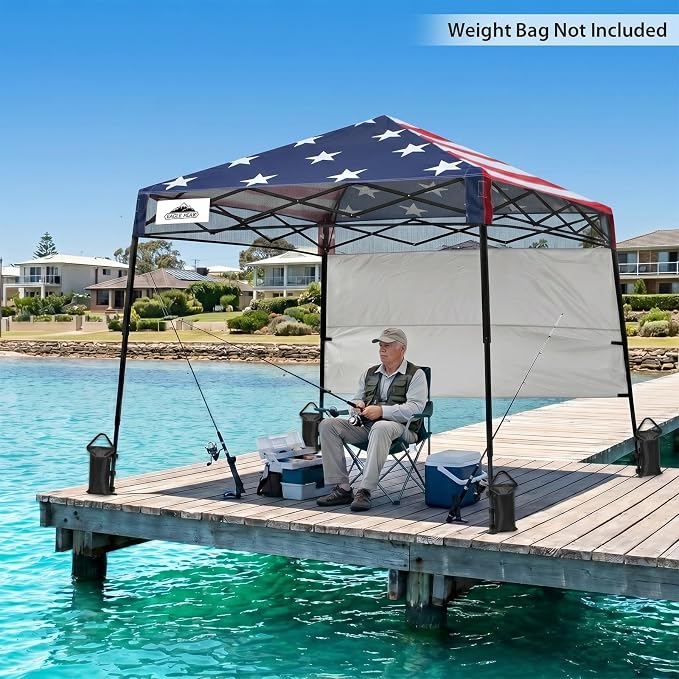 EAGLE PEAK 8x8 Pop Up Canopy Tent with Sidewall, Compact, Portable Slant Leg Instant Sun Shelter for Beach, Sports, & Camping, 8x8 Base 6x6 Top, American Flag