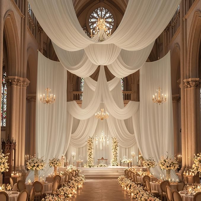 20ftx40ft Beige Ceiling Curtain for Wedding Parties – 4 Panels Wrinkle-Free 40 FT Long Tent Draping Curtains for Wedding, Birthday & Theme Parties, 40ft Height with Rod Pocket