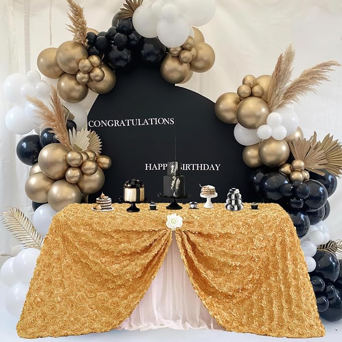 Fanqisi Rosette Tablecloth 50x102 Inches Gold Rectangle 3D Floral Satin Raised Tablecloth for Birthday Baby Shower Wedding Party Cake Table Decor