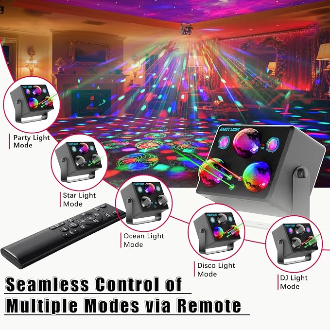 Disco Ball Party Lights,DJ Disco Light Sound Activation & Remote Control Stage Lighting with Star Projector, Ocean Wave and LED Strobe for Home Christmas Birthday Wedding Bar and Club Decorations