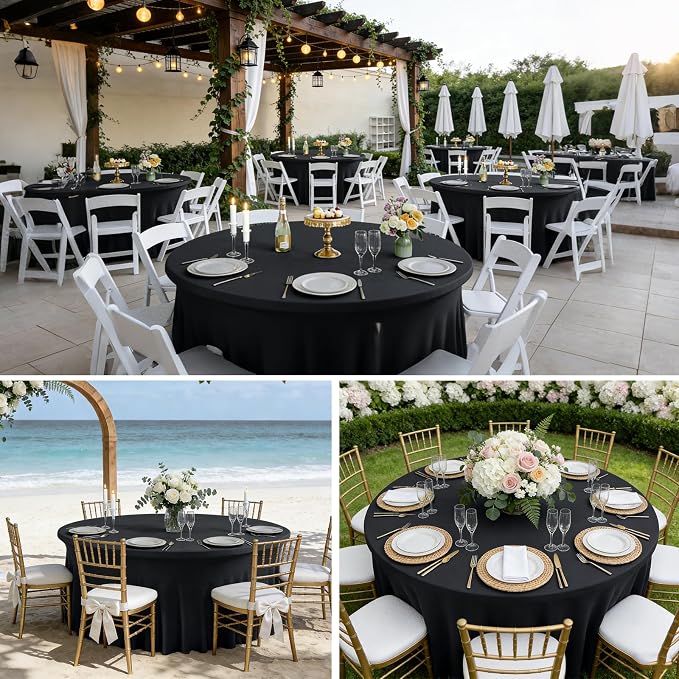 10 Pack Black Round Spandex Tablecloths for 60inch Tables, Stretchy 120inch Fitted 5FT Round Table Cloths Wrinkle Free Washable Table Cover with Skirt for Wedding Birthday Party Dining Banquet Events