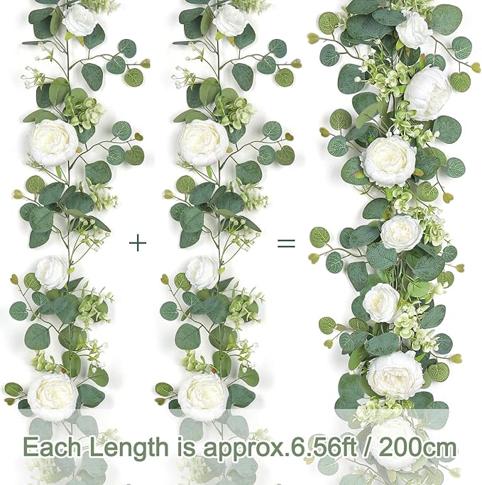 SOMYTING Artificial Flower Garland, Artificial Rose Vine Fake Flower Garland Silk Rose Peony Hanging Vine Faux Floral Garlands for Wedding Party Arch Table Wall Backdrop Decoration (White, 4PCS)