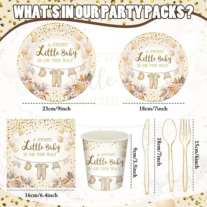 168 Pcs Neutral Gold Baby Shower Decorations Boho Gender Reveal Party Favors a Sweet Little Is on The Way Plates and Napkins Disposable Tableware Set Serve 24