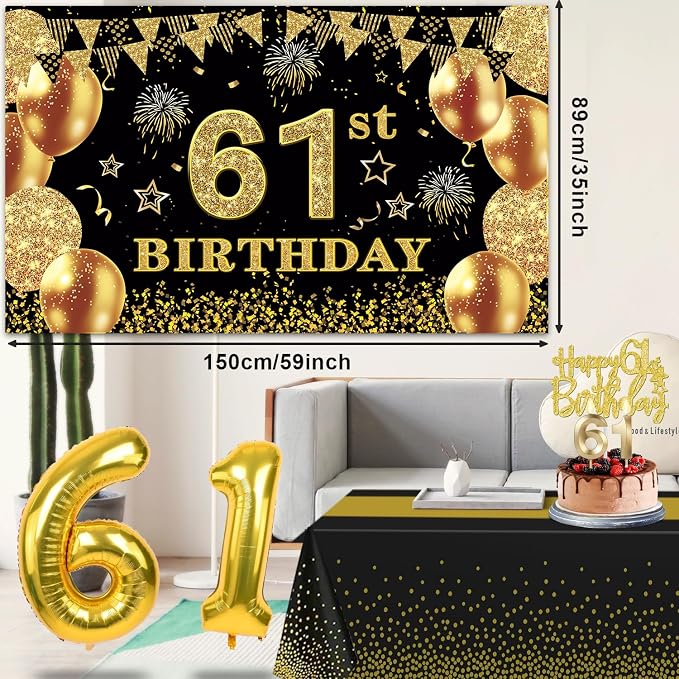 61st Birthday Decorations Men Women with 61st Birthday Banner, Black and Gold Table Cloth, Number Balloons, Large Sash, Cake Topper and Candles