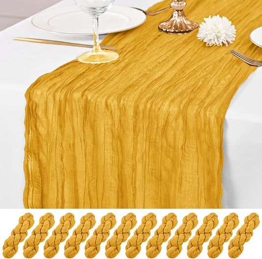 12 Pack Gold Table Runner 10Ft Cheesecloth Table Runner Rustic Gauze Table Runners Romantic Long Sheer Fabric Cheese Cloth Table Runners for Wedding Party Bridal Baby Shower