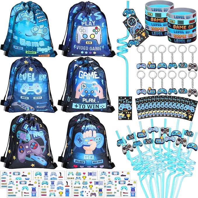 LemonRoad 73 Pcs Video Game Party Favors Set Birthday Supplies Includes Drawstring Bags Keychains Bracelets Stickers Straws Tags for Video Game Theme Party