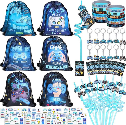 LemonRoad 73 Pcs Video Game Party Favors Set Birthday Supplies Includes Drawstring Bags Keychains Bracelets Stickers Straws Tags for Video Game Theme Party