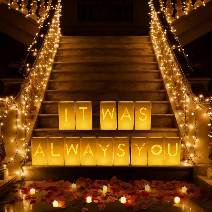 NEXAGEBIUS Valentines Day Decorations It Was Always You Sign Luminary Bags Light Up Letter Set with 2000PC Rose Petals and Candles for Anniversary Romantic Decorations Special Night Decor for Woman Man Girl