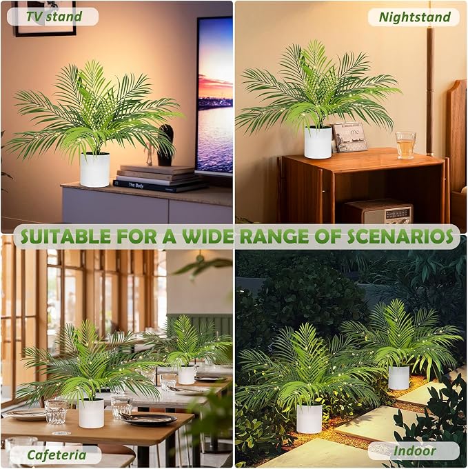 RECUTMS Fake Plants Tall 19In Artificial Tropical Palm Tree Potted with Light Faux Monstera Greenery Plants in White Pot for Indoor Outdoor Home Office Living Room Bedroom Desk Balcony Farmhouse Decor