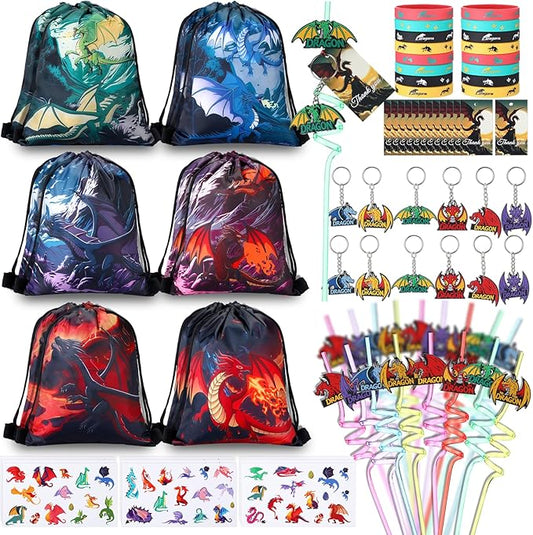 LemonRoad 73 Pcs Dragon Themed Party Favors Set Birthday Supplies Includes Drawstring Bags Keychains Bracelets Stickers Straws Tags for Dragon Theme Party