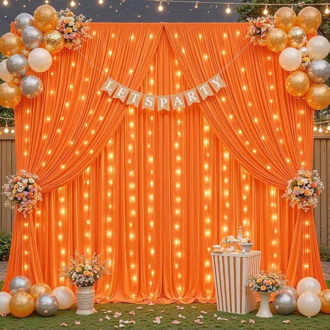 6 Panles Orange Backdrop Curtains - Wrinkle Free Fabric Backdrop Curtain for Photoshoot, 10FT Wedding Party Photo Backdrop Drapes for Birthday Baby Shower Photography Stage Background Decorations