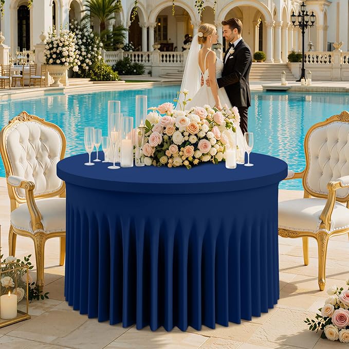 Smiry Round Spandex Tablecloth 2 Pack, Elastic Fitted Washable Tablecloths for 48 Round Tables, Waterpoof Stretch Table Cover Skirt for Outdoor, Wedding, Banquet & Parties, Navy