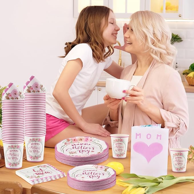 Jenaai 200 Pcs Mother's Day Tableware Set Serve for 50 Guests 9" Dinner Plates 7" Dessert Plates Paper Cups and Napkins Set for Happy Mother's Day Gifts Dinnerware Tableware Disposable Party Supplies
