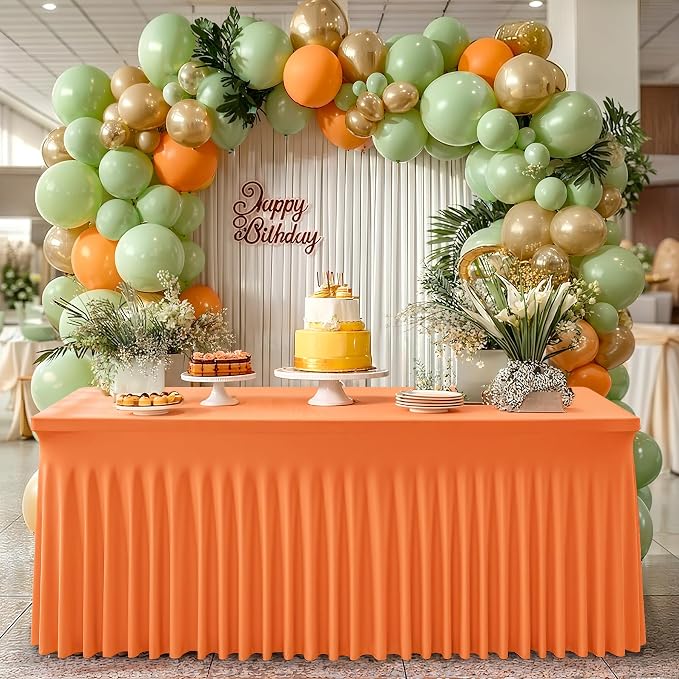 2 Packs Orange Table Clothes for 6 Foot Rectangle Tables, One-Piece Wrinkle Resistant Stretch Spandex Table Covers with Skirt for Event Banquet Wedding Birthday Party