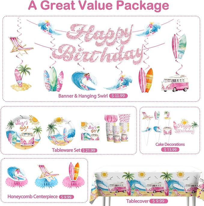 Xynic 205pcs Surf Birthday Party Decorations Complete Tableware Set, for 25 Guests, Beach Birthday Party Decorations, with Banner, Balloons, Cake Cupcake Toppers, Plates, Cups, Napkins, Tablecloth