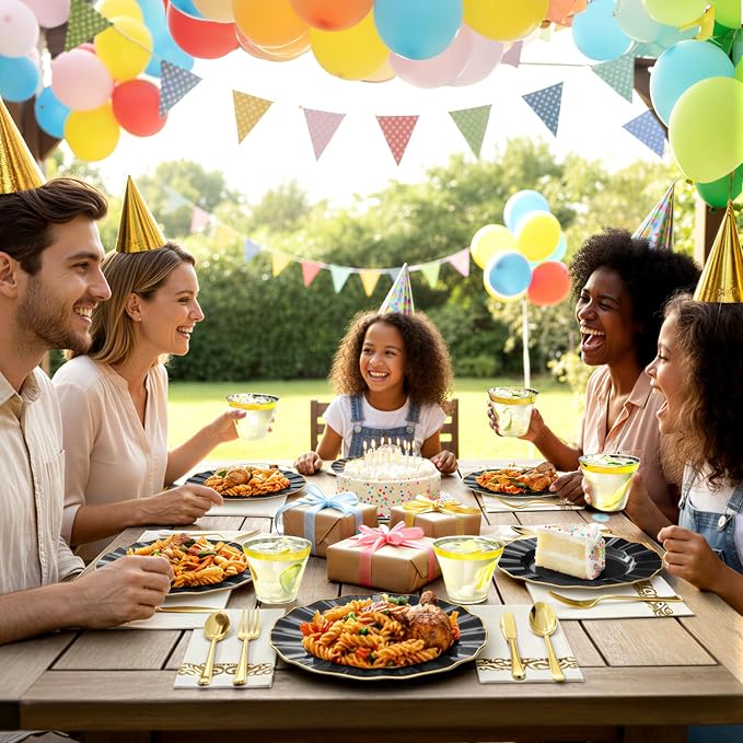 Glowserve 175 Piece Disposable Plastic Plates Dinnerware Set for 25 Guests | 50 Plastic Plates,25 Silverware Set,25 Cups and Napkins,Party Wedding Birthday,Family Gathering,Fancy Plastic Plates