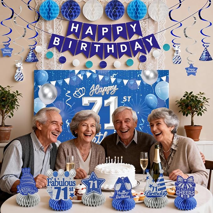 Happy Birthday Party Decoration Set: Including Birthday Banner Backdrop, Party Table Centerpieces and Hanging Swirl Party Streamers, Birthday Decor Suppliers for Men and Women (Blue, 71st Birthday)