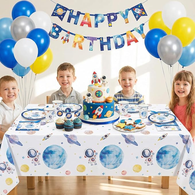 NatNarr 6 Pack First Trip Around The Sun Space Tablecloths, 54 x 108 Inch Outer Space Themed Tablecloth for 1st Birthday Baby Shower Home Party Decorations