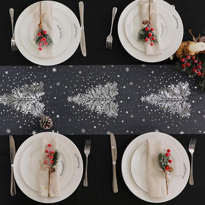 Snowkingdom Silver Christmas Tree Table Runner Xmas Winter Snowflakes 120 Inch Sparkly Glitter Mesh Runners Kitchen Dining Table Decorations for Seasonal Festival Holiday Indoor Outdoor Home Party