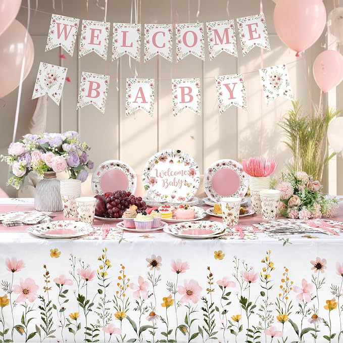 LemonRoad 128 Pcs Pink Floral Baby Shower Party Decoration Girl for 25 Guests, Wildflower Welcome Baby Shower Paper Plates Napkins Cups Tablecloth Forks Banner for Spring Gender Reveal Party Supplies