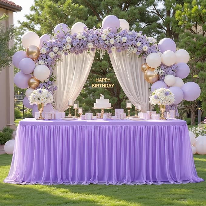 Purple Tablecloth Rectangle 6 Foot Stretch Elastic Fitted Tulle Ruffle Lilac Lavender Tablecloths Rectangular Spandex Table Covers 6ft Birthday Baby Shower Wedding Party Table Cloths with Skirt