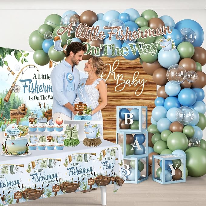 Fishing Baby Shower Decorations for Boy, All-in-one Fishing Party Decorations Includes Banner, Backdrop, Gone Fishing Balloon Arch, Cake Toppers, Tablecloth, Fisherman Welcome Baby Party Decor