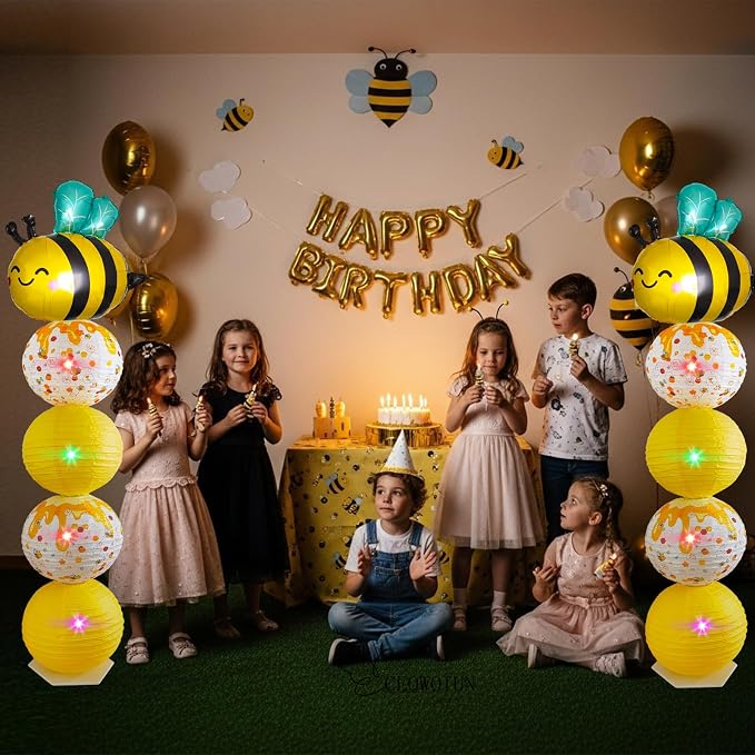 Bee Balloon Column Stand Kit And Paper Lantern 2 Sets 5.5 Feet with Reusable Metal Telescopic Design for Bee Parties, Birthday Decorations