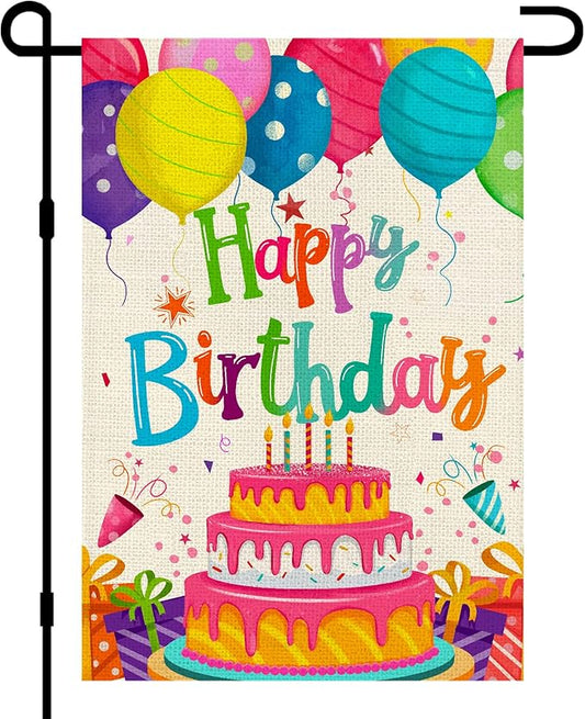 Happy Birthday Garden Flags 12x18 Double Sided Burlap, Colorful Balloon Cake Toppers Personalized Banner Farmhouse Yard Sign Birthday Party Outdoor Decorations DF576