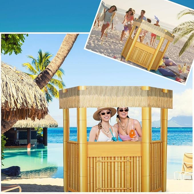 Threehoney 6.4ft 3D Luau Island Tiki Bar Cardboard Cutout Stand up Life Size Summer Hawaii Theme Party Decorations Backdrop Photo Prop Tiki Bar Stand up for Luau Beach Party Decoration Supply