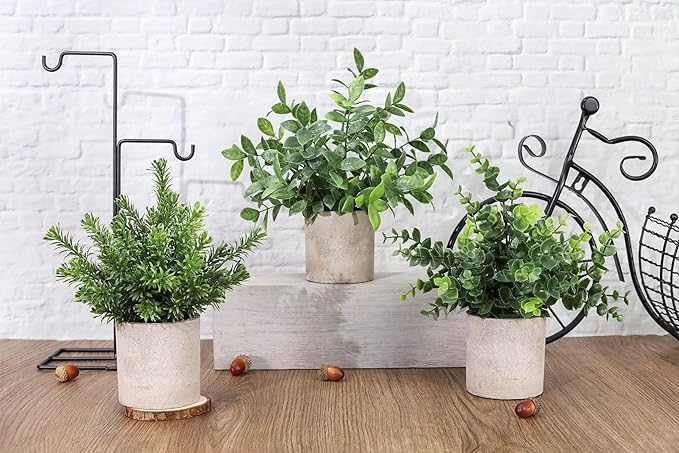 Der Rose 3 Pack Mini Potted Fake Plants Artificial Plastic Eucalyptus Plants Topiaries for Home Office Desk Farmhouse Shelf Room Bathroom Decor(Green)