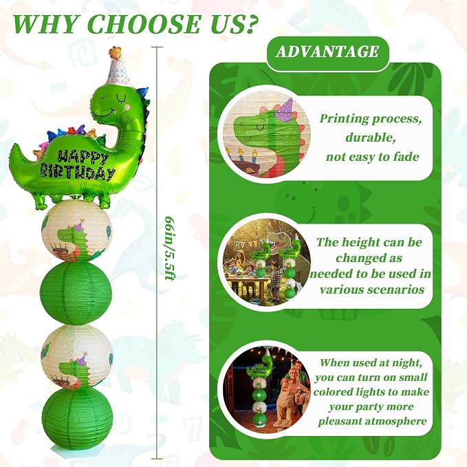 Dinosaur Balloon Column Stand Kit And Paper Lantern 2 Sets 5.5 Feet with Reusable Metal Telescopic Design for Dinosaur Parties, Party Supplie