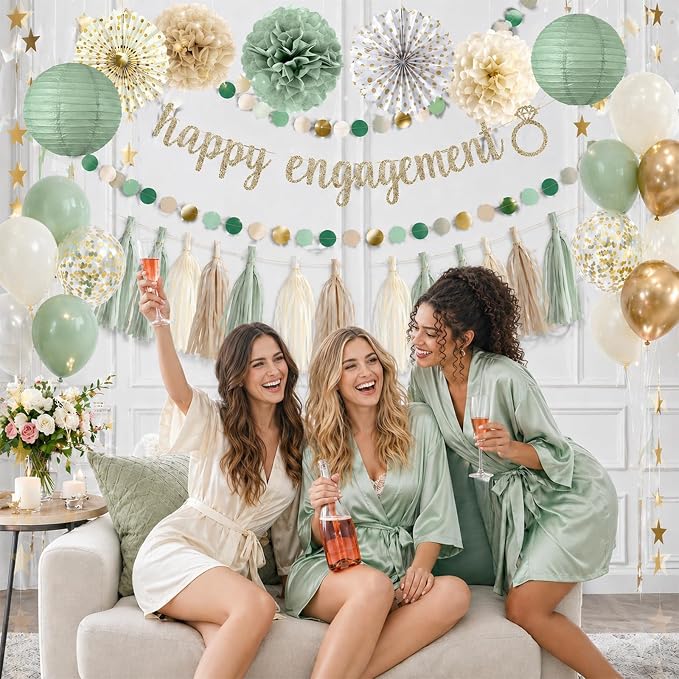 Engagement Party Decorations Boho Sage Green and Gold - 46 Pcs Pre-strung Happy Engagement Banner, Paper Lanterns, Fans, Pom Poms, Tassels, Garland, Balloons, Just Engaged Decorations Kit