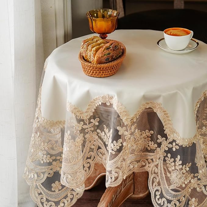 ARTABLE Lace Tablecloth Rectangle Waterproof Table Cover with Exquisite Macrame Border for Wedding Kitchen Holidays Party Decor (Beige, 36 x 36 Inch)