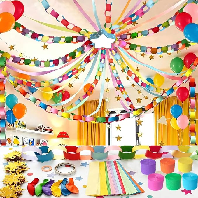 Rainbow Paper Chain Garland Party Decorations Include 400 Sheet Paper Chain Strips,492ft Crepe Paper Streamers,52ft Star Strips Hanging,24 Balloons for Kid's Birthday Wedding Party Supplies