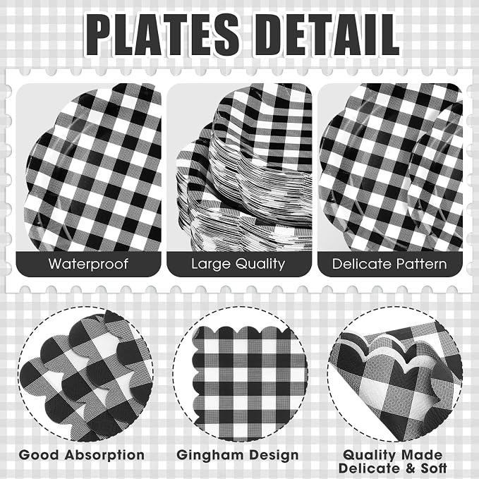 Funnymoom 400 Pcs Gingham Party Supplies for 50 Guests Black and White Paper Plates and Napkins Knives Spoon Fork Cup Disposable Checkered Dinner Party Set Cutlery for Baby Shower Wedding Favor