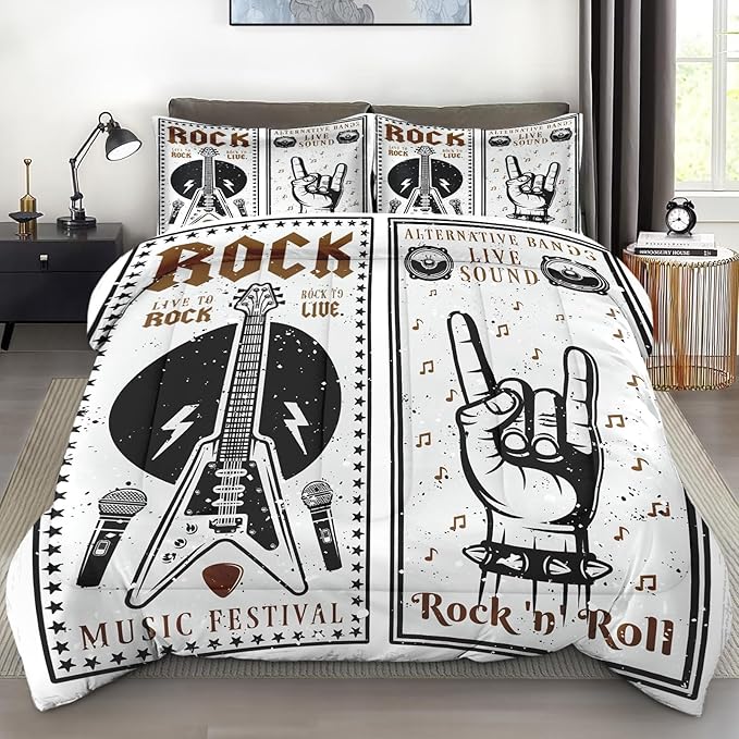 Pamnest Comforter Set King Size, Rock Roll Guitar Soft 3 Pcs Bedding for Kids and Adults, Retro Star Music Comforter Set with 2 Pillowcases, for Bedroom Bed Decor