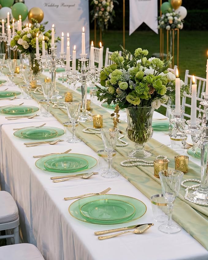 Hioasis 60pcs Green and Gold Plastic Plates - Green Disposable Dinnerware Set, 30pcs Dinner 10in & 30pcs Dessert 7in Plates with Striped Designs for Party & Wedding