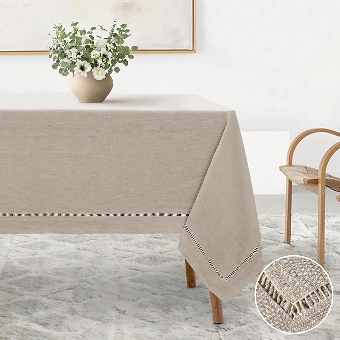 Linen World Hemstitch Linen Tablecloth,French Linen Natural Tablecloth 55" x 55" Inch,Washable Square Table Cloth for Dining,Outdoor,Weddings and Restaurants,Decorative Thanksgiving Christmas