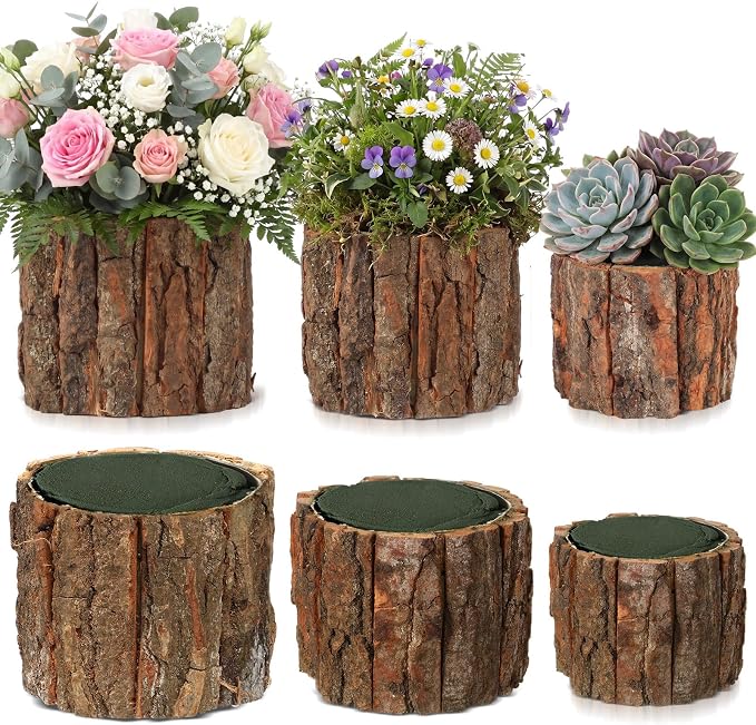6 Set Wooden Vase for Centerpieces Wedding Flower Table Centerpieces Decor Rustic Bark Stump Bucket Farmhouse Wood Planter Pot for Woodland Party Window Home (Flower Foam,L+m+s)