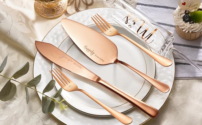 ROXBURGH Wedding Cake Knife and Server Set, Bride and Groom Mr and Mrs Champagne Flutes & Forks with Giftable Box, Cake Cutting Set for Wedding Engagement Bridal Shower Gifts