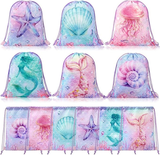 Honeydak 6 Pcs Mermaid Drawstring Backpack Bulk Large Mermaid Ocean Party Favor Bags for Girls Undersea Birthday Party Supplies