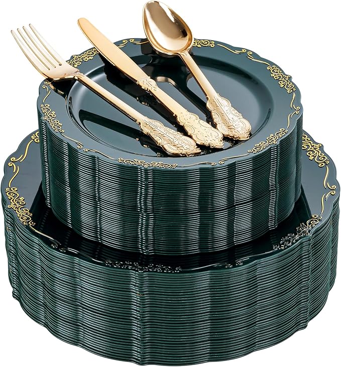 DaYammi 150Pcs Green Plastic Plates with Gold Silverware,Green Disposable Plates for Party include 30 Dinner Plate,30 Dessert Plate,90 Gold Plastic Cutlery,green gold plate for Party Dinner