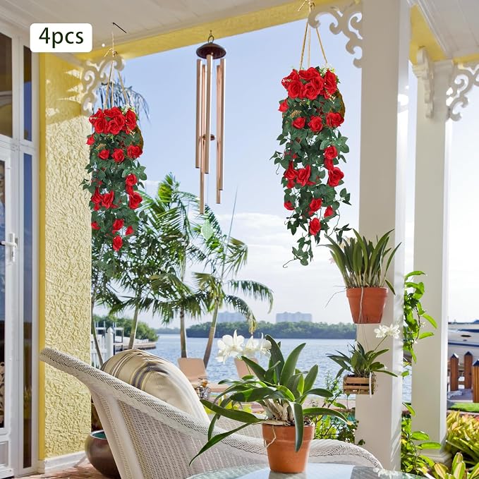 RECUTMS Artificial Red Roses Fake Hanging Flowers Plants, 4PCS 37 Inch Silk Floral Ivy Garland for Indoor Outdoors Home Garden Front Door Porch Wedding Derby Party Arch Valentines Greenery Decor