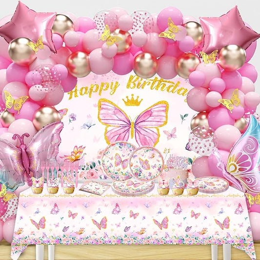 145Pcs Butterfly Birthday Decorations，Butterfly Decorations For Birthday，Butterfly Party Decorations，Include Balloon arch,Backdrop, Cake Toppers，Tableware, Tablecloth